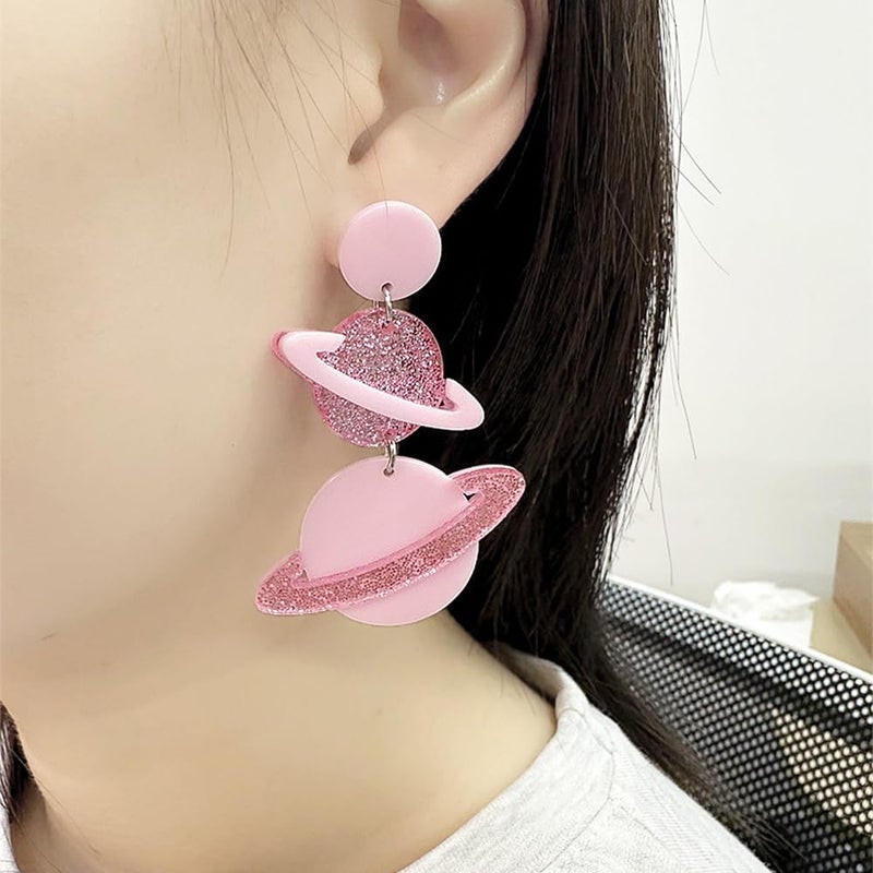 Dtja Exaggerated Acrylic UFO Dangle Earrings for Women Girls Funny Cute Big Blue Spaceship Aliens Moon Star Celestial Drop Dangling Hook Stud Lightweight Y2K Earring Fashion Weird Aerospace Theme Gifts Souvenirs - Image 2